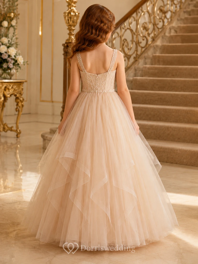 Blumenmädchenkleid aus champagnerfarbenem Tüll in A-Linie mit Rundhalsausschnitt, bodenlang und Schleife view 2