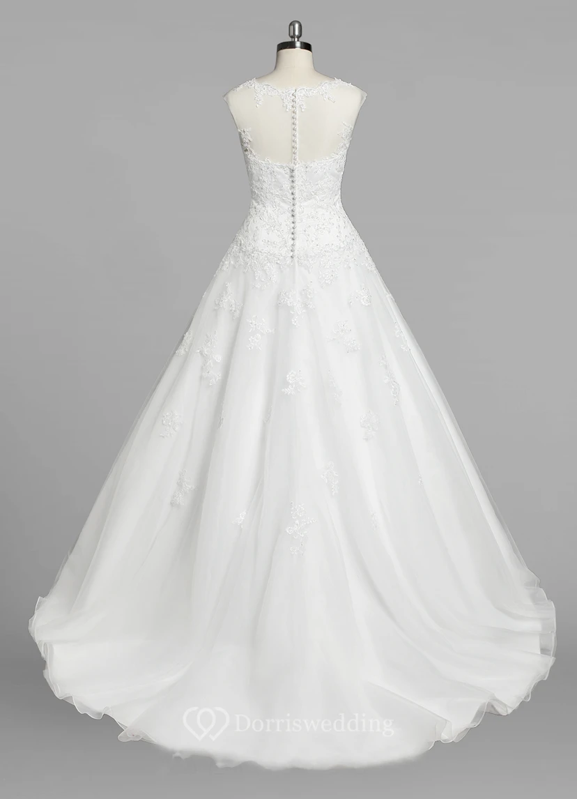 Jewel Neck Cap Sleeve A-Line Organza Wedding Dress Styles With Lace Bodice view 3
