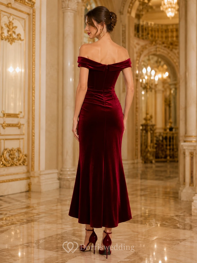 Burgundy Off Shoulder Ruched Velvet Mermaid Ankle Length Formal Guest Dress view 2