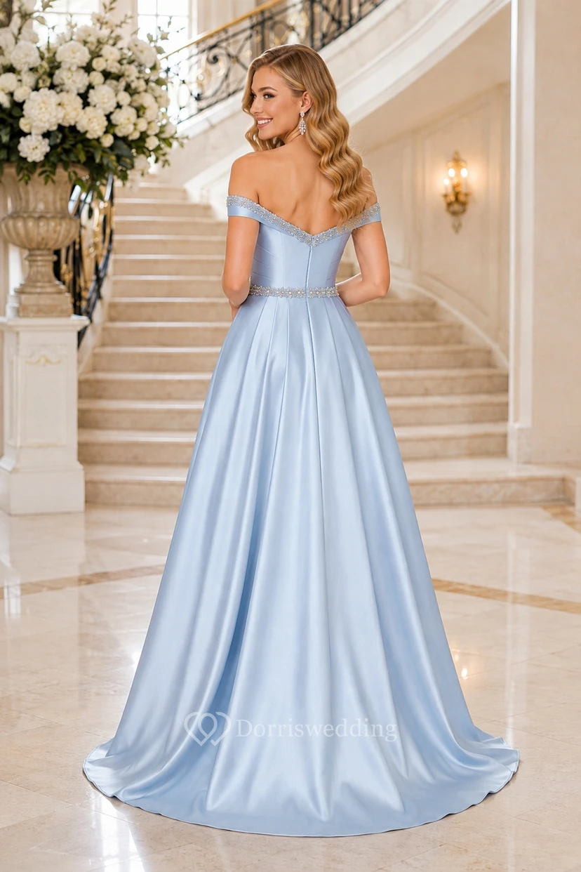 Himmelblaues schulterfreies Brautjungfernkleid aus Satin in A-Linie mit bodenlangem Rock view 2