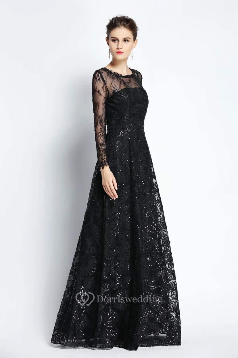 A-Line Floor-length Bateau Scalloped Lace Long Sleeve Prom Dress with Sequins view 3