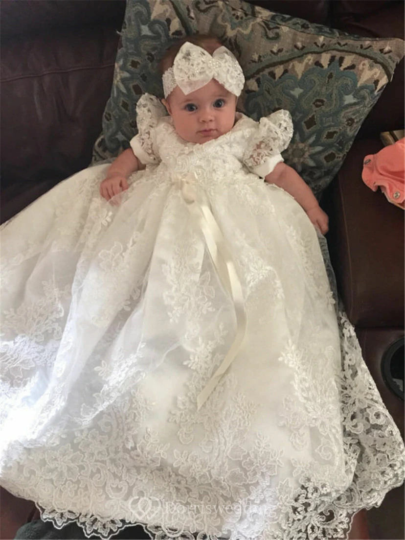 Gorgeous Lace Christening Gown With Delicate Beading And Bow view 2