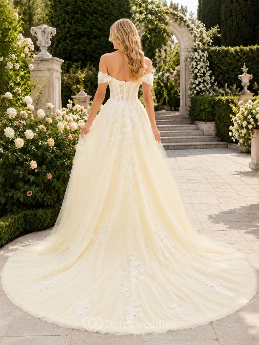Vestido de novia elegante de estilo bohemio romántico con hombros descubiertos, edición C, corte A y encaje. view 2