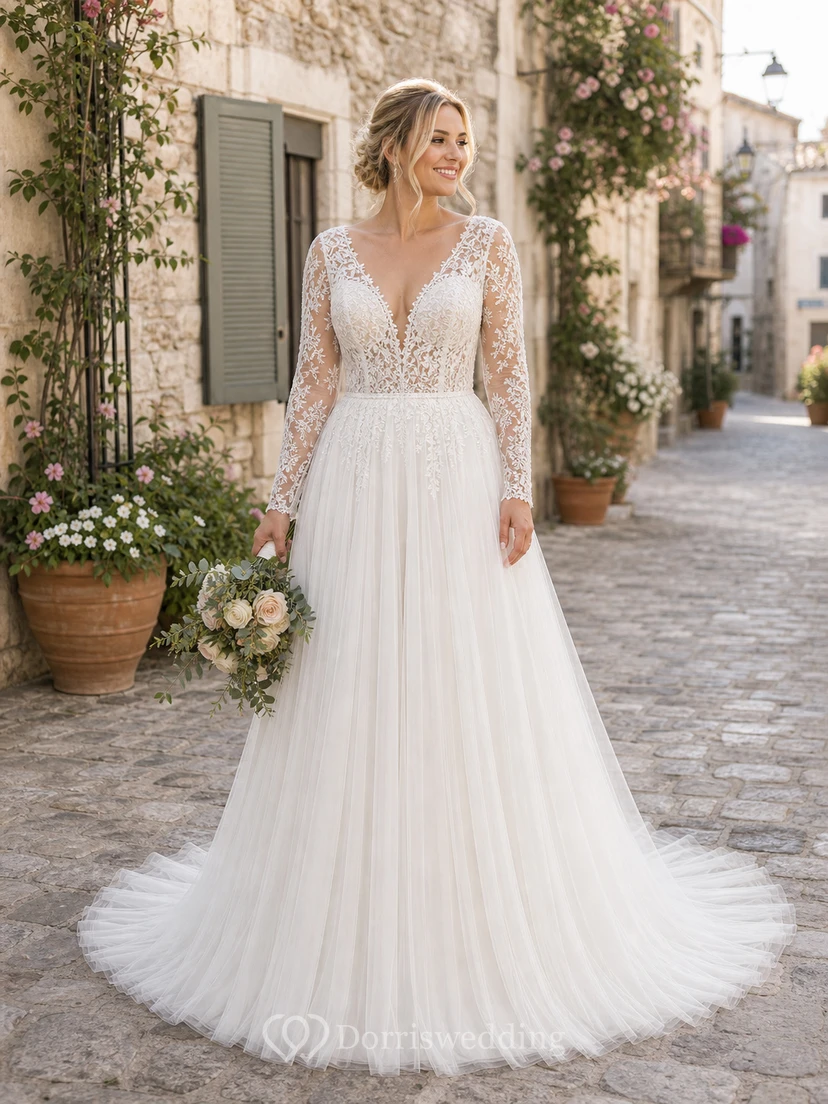 Vestido de novia campestre sexy de encaje con espalda en V y tul. view 12