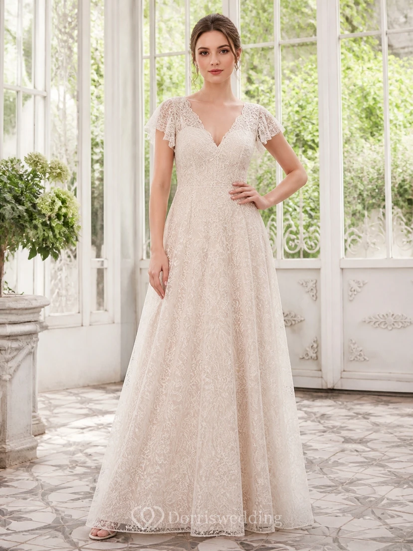 Robe de mère rose poudré, coupe trapèze, col en V, dentelle courte, longueur au sol