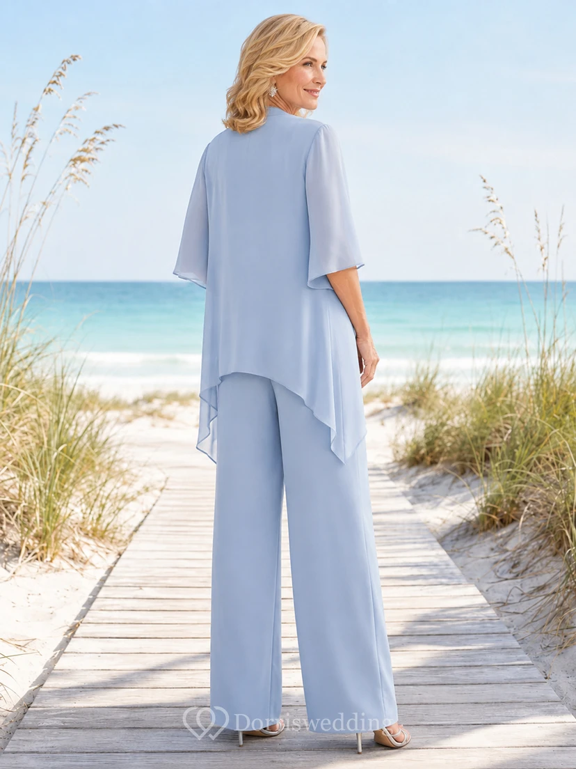 Himmelblauer, ätherischer Chiffon-Hosenanzug mit asymmetrischem Saum, weitem Bein, Ellbogenärmeln und Rundhalsausschnitt – perfekt für die Mutter der Braut. view 2