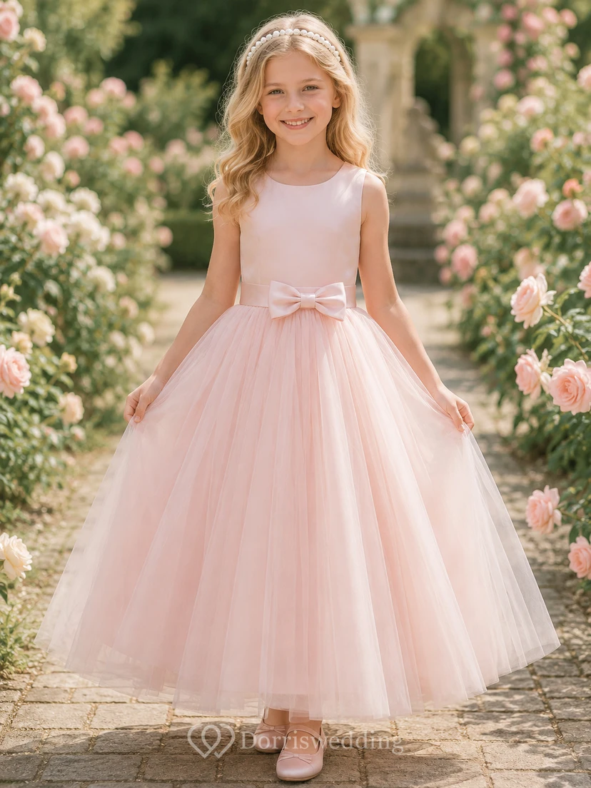 Flower Girl Dress Blush Tulle A-Line Jewel Neck Tea Length Bow Detail