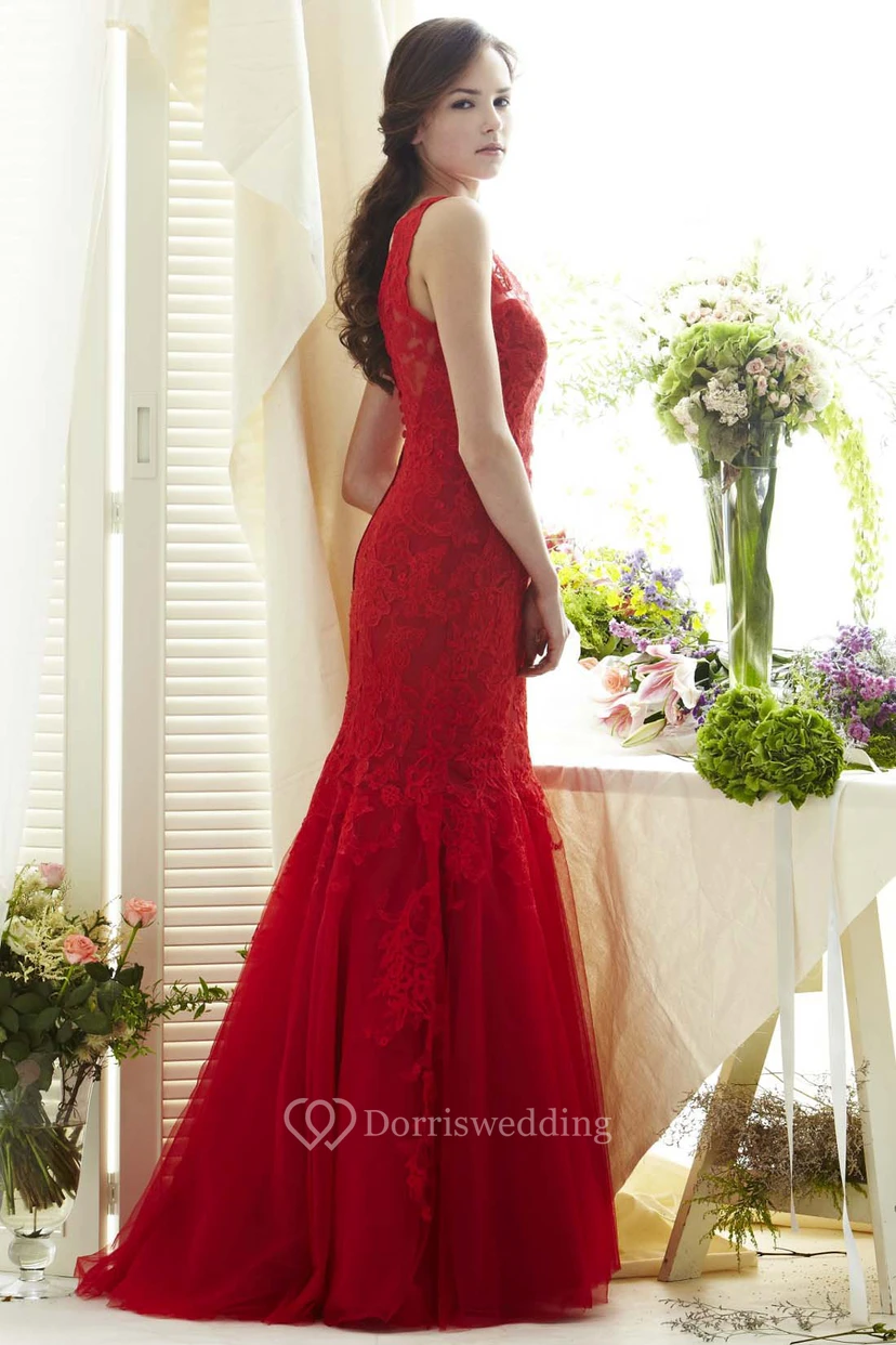 Meerjungfrauen-Abendkleid mit Applikationen, V-Ausschnitt, bodenlang, ärmellos, aus Spitze, tiefem V-Ausschnitt am Rücken und Brosche view 4