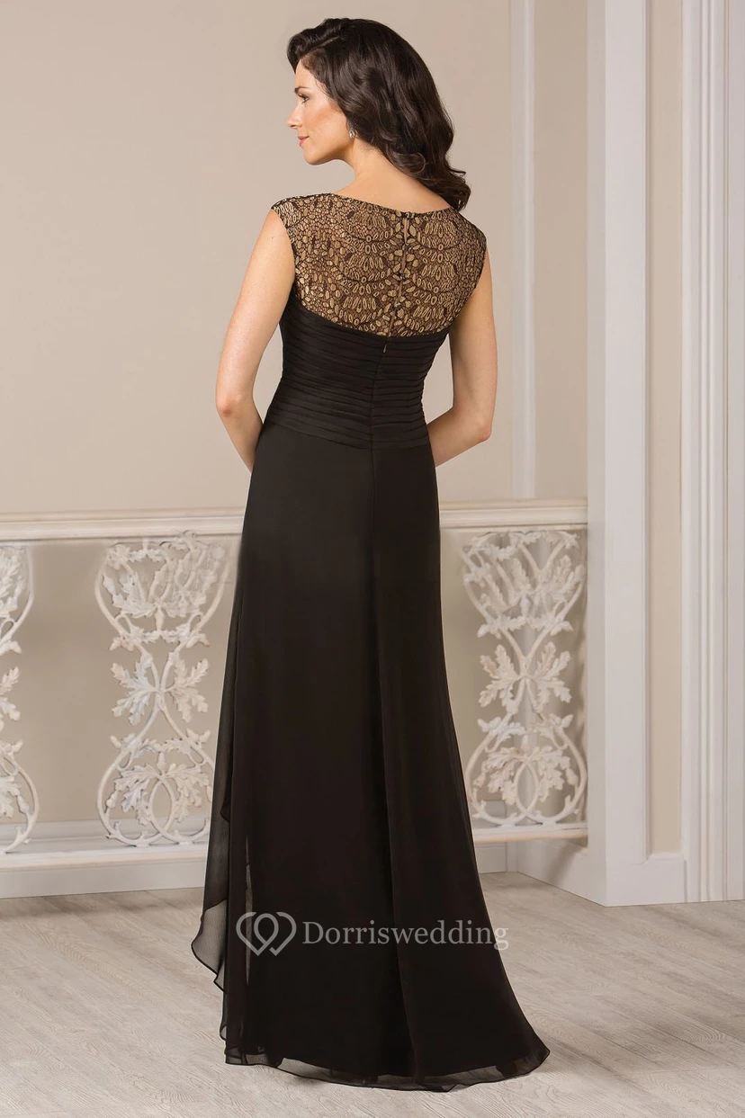Langes Abendkleid mit kurzen Ärmeln, Rüschen und vorderem Schlitz view 2