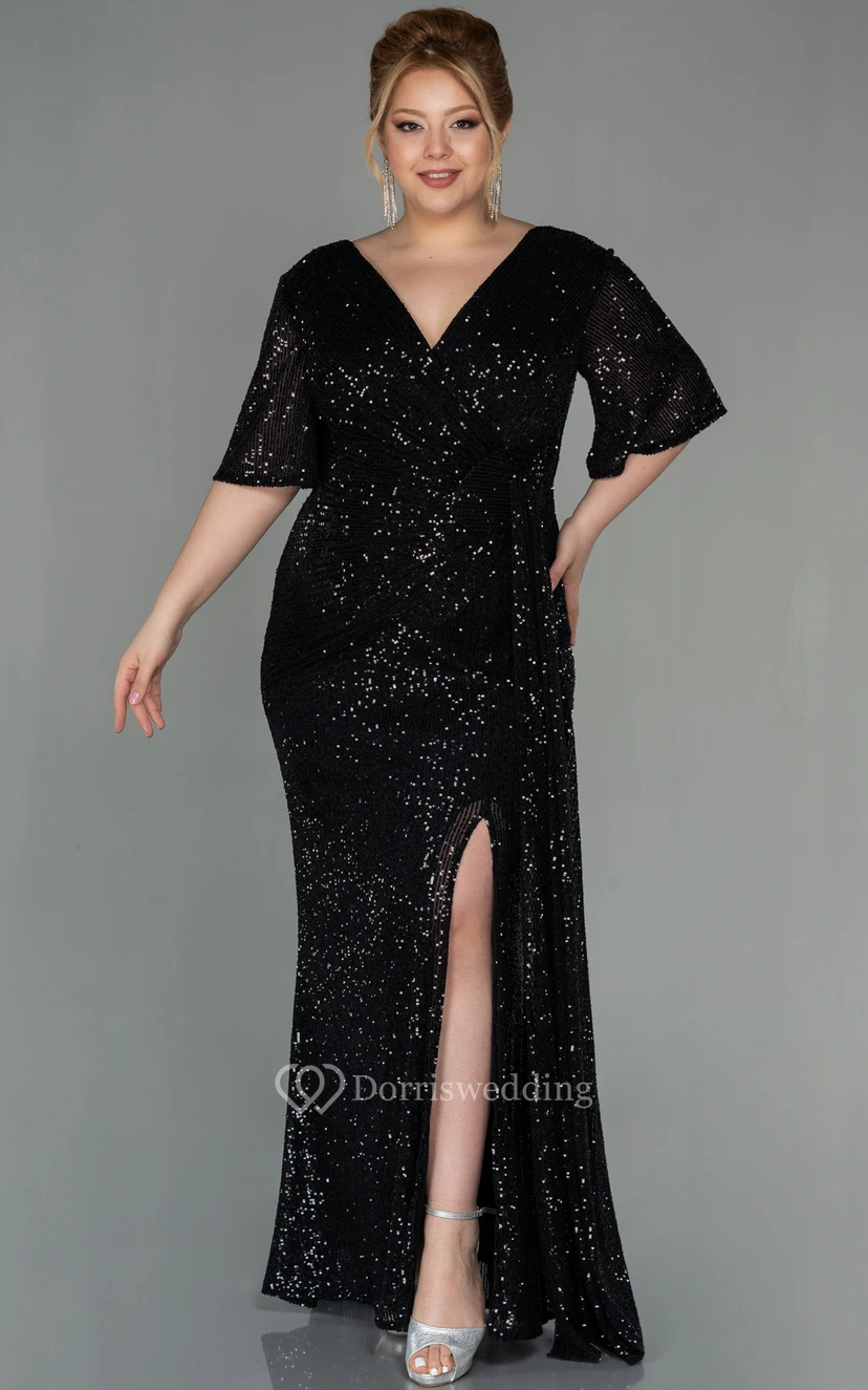 Poet-sleeve Empire Front Split Ruched Plus Size Mother of Bride Dress view 5