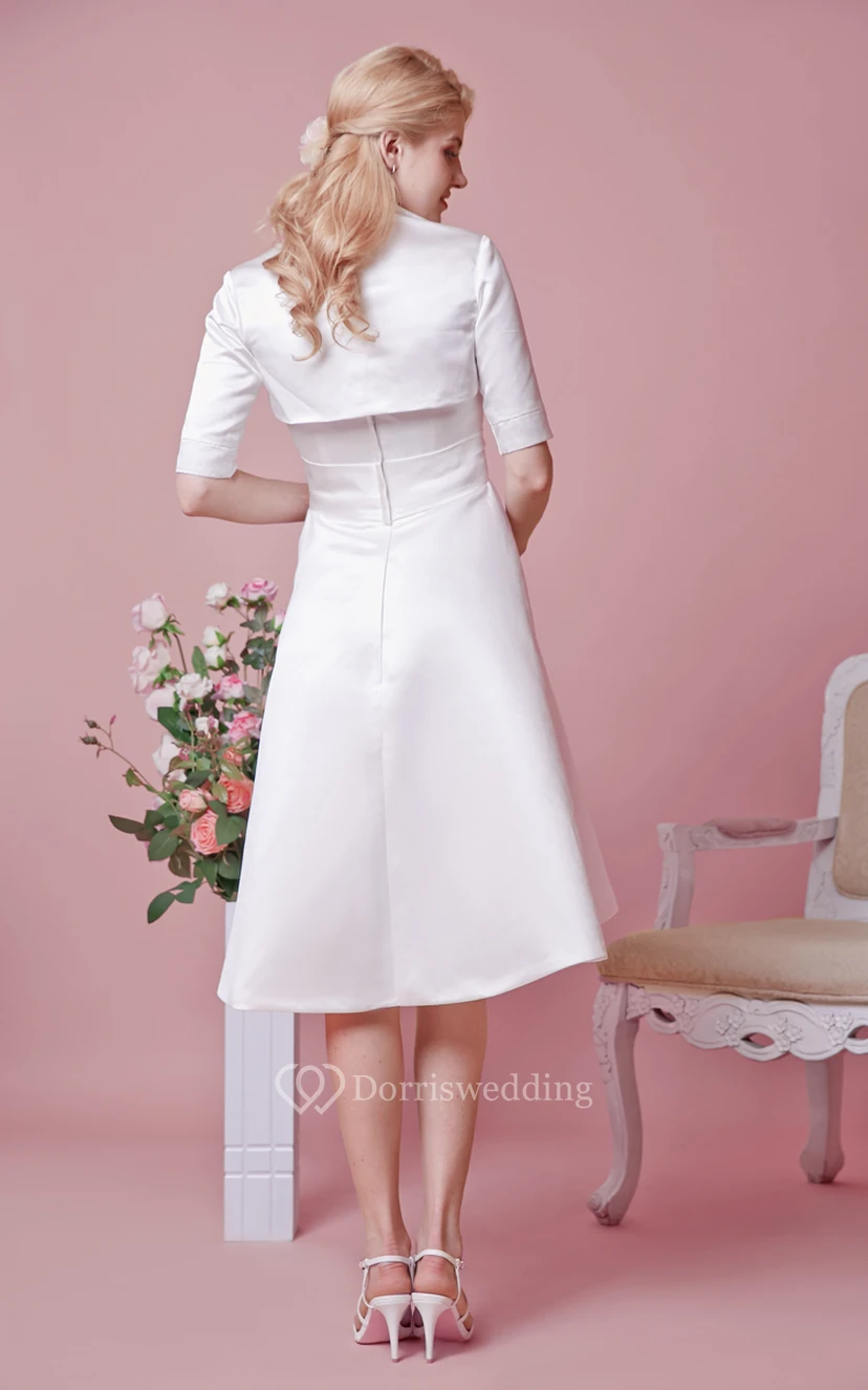 Empire Waist Tea Length Satin Dress With Removable Jacket view 2