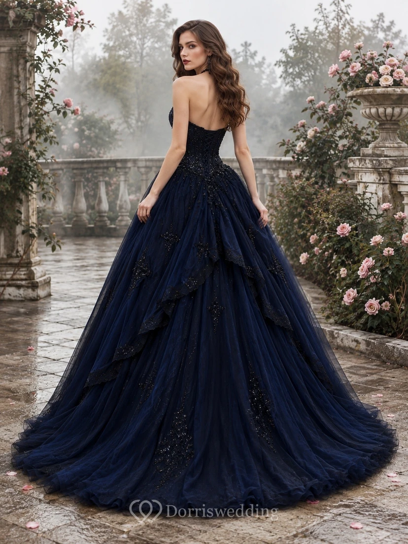 Dark Navy Sweetheart Sleeveless Tiered Tulle Ball Gown Floor-Length Prom Dress view 2
