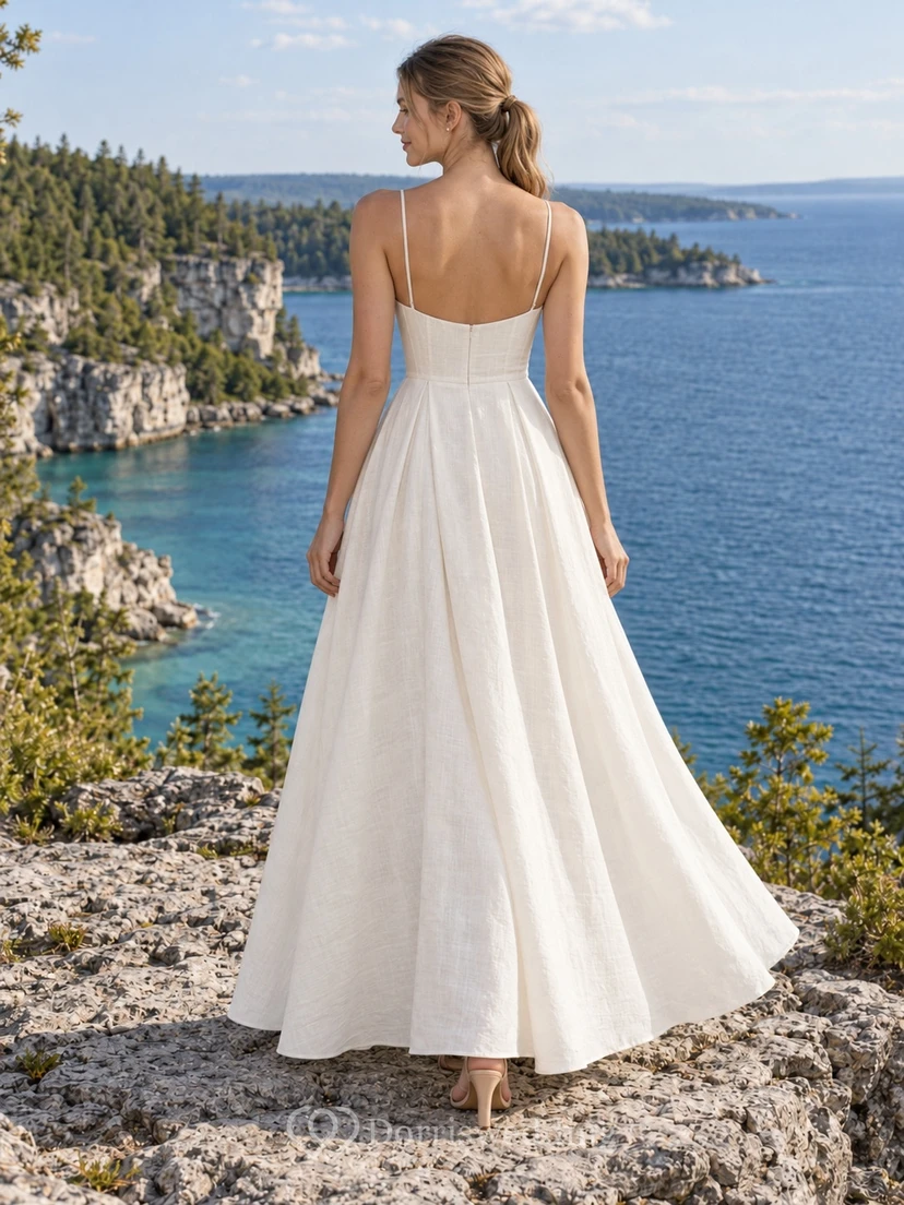 Brautkleid aus Leinenmischung mit eckigem Ausschnitt, Spaghettiträgern und knöchellangem A-Linien-Rock view 2