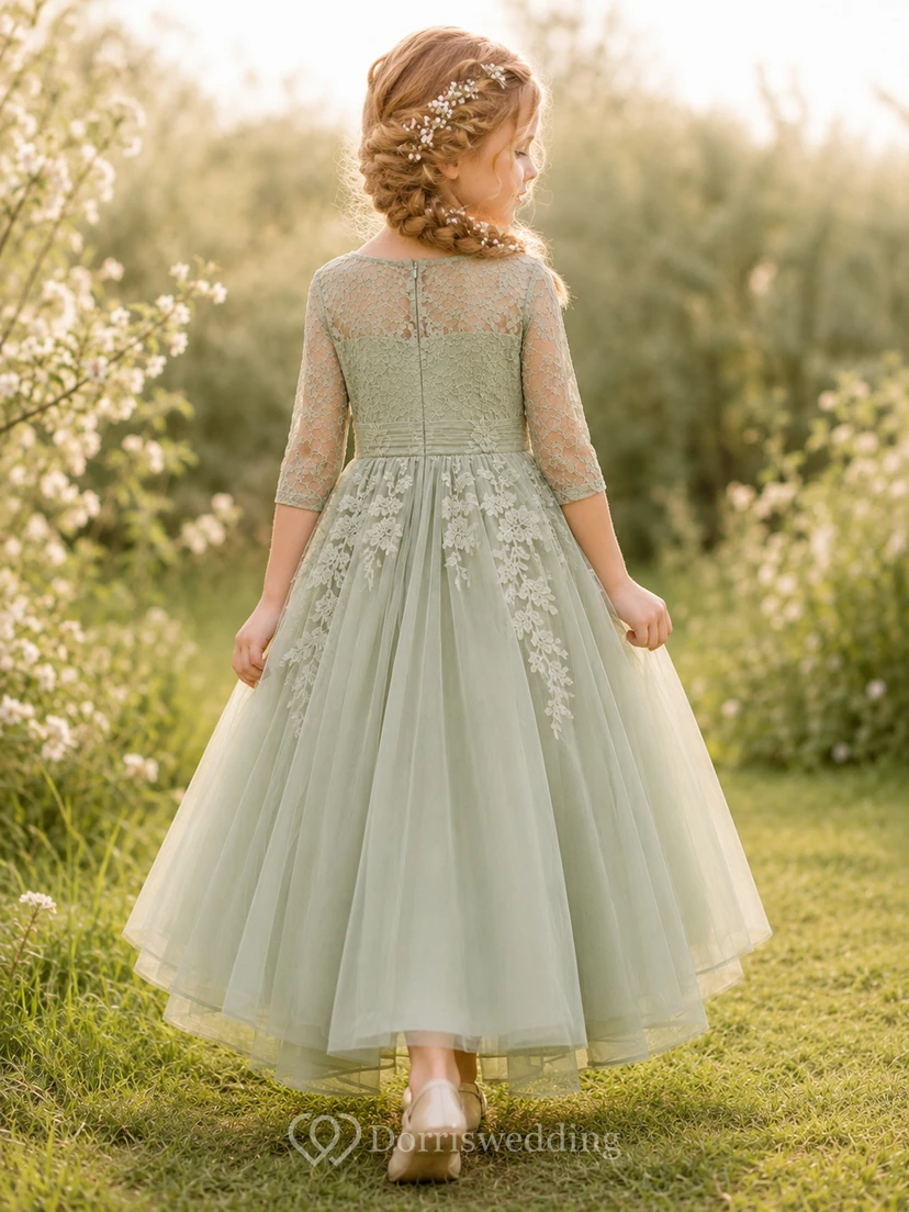 Salbeigrünes, schlichtes, knöchellanges A-Linien-Tüllkleid mit Ärmeln für Blumenmädchen bei Gartenhochzeiten view 2