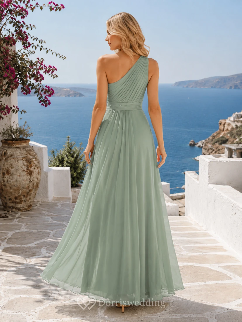 Sage One-Shoulder Chiffon Floor-length A-Line Guest Dress view 2