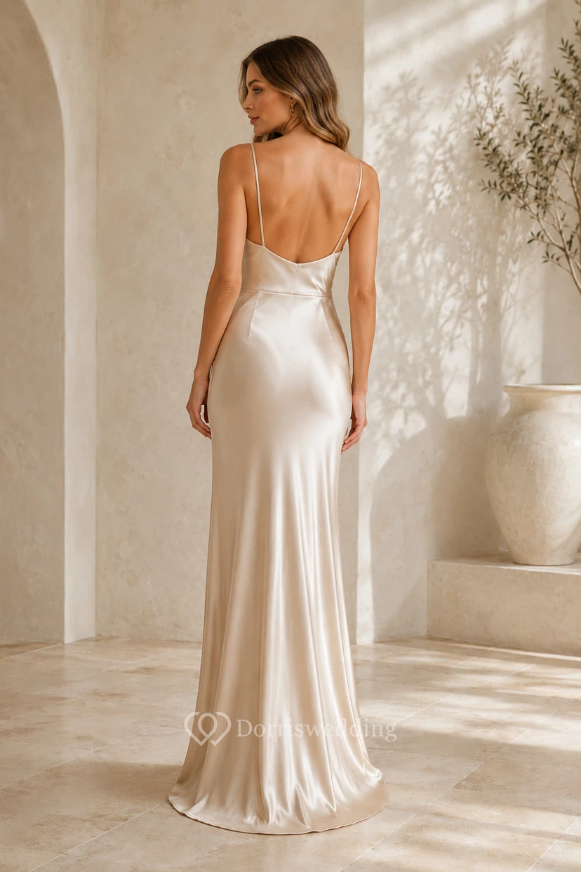 Robe de soirée fourreau en satin champagne, col bénitier, sans manches, drapée, longueur au sol view 2