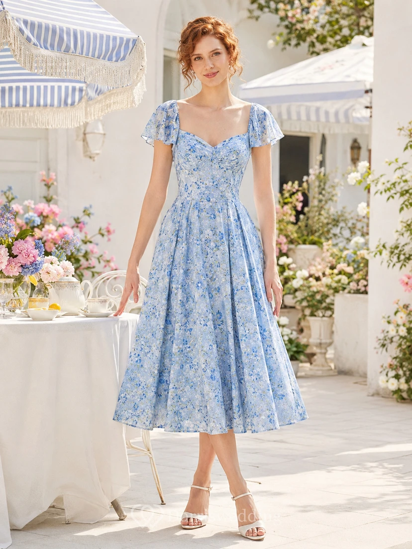 Blue Floral Puff Sleeve Sweetheart Brunch Midi Dress