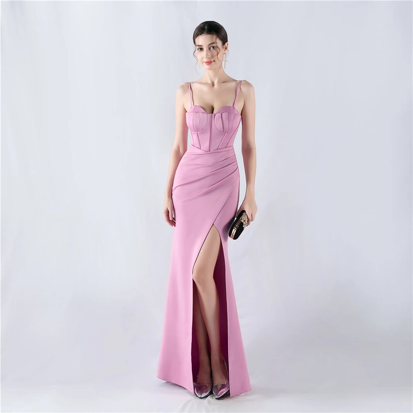 Fishbone Waist Strap Satin Host Meeting Evening Dress view 32