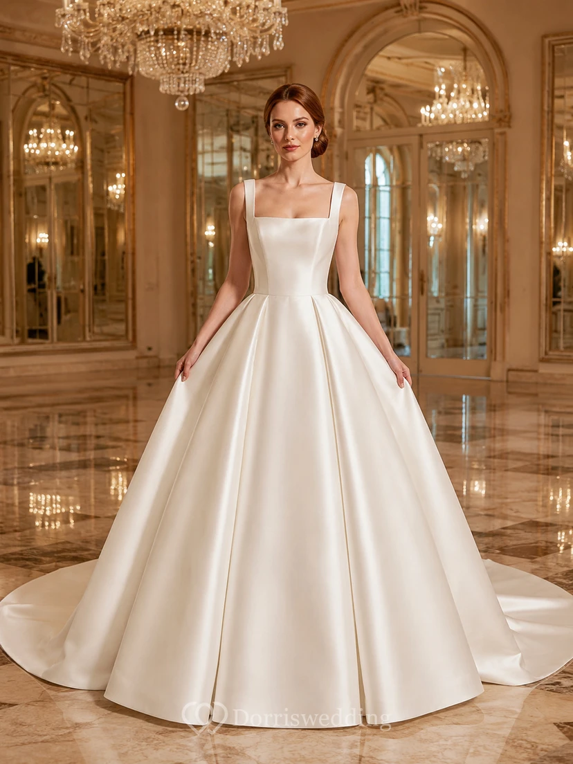 Vestido de novia minimalista de satén, estilo princesa, con escote cuadrado, sin mangas y cola de corte.