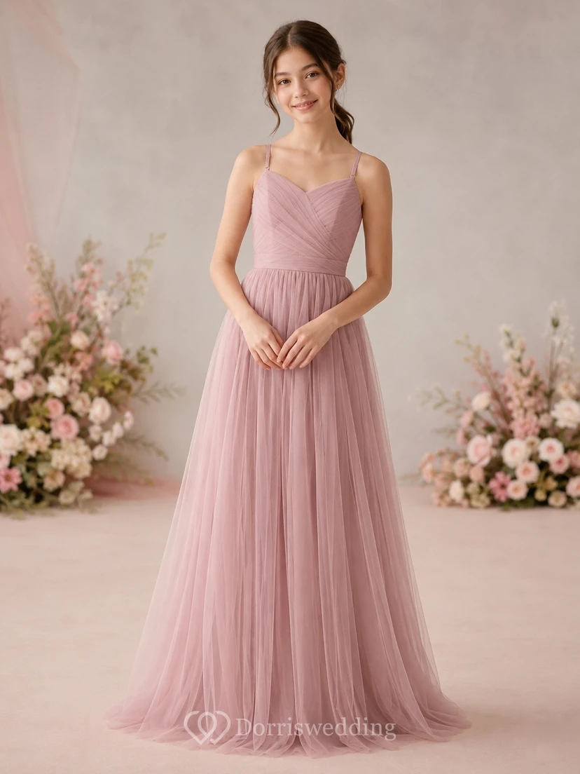 Vestido de dama de honor juvenil rosa perla, corte en A, tirantes finos, sin mangas, sencillo.