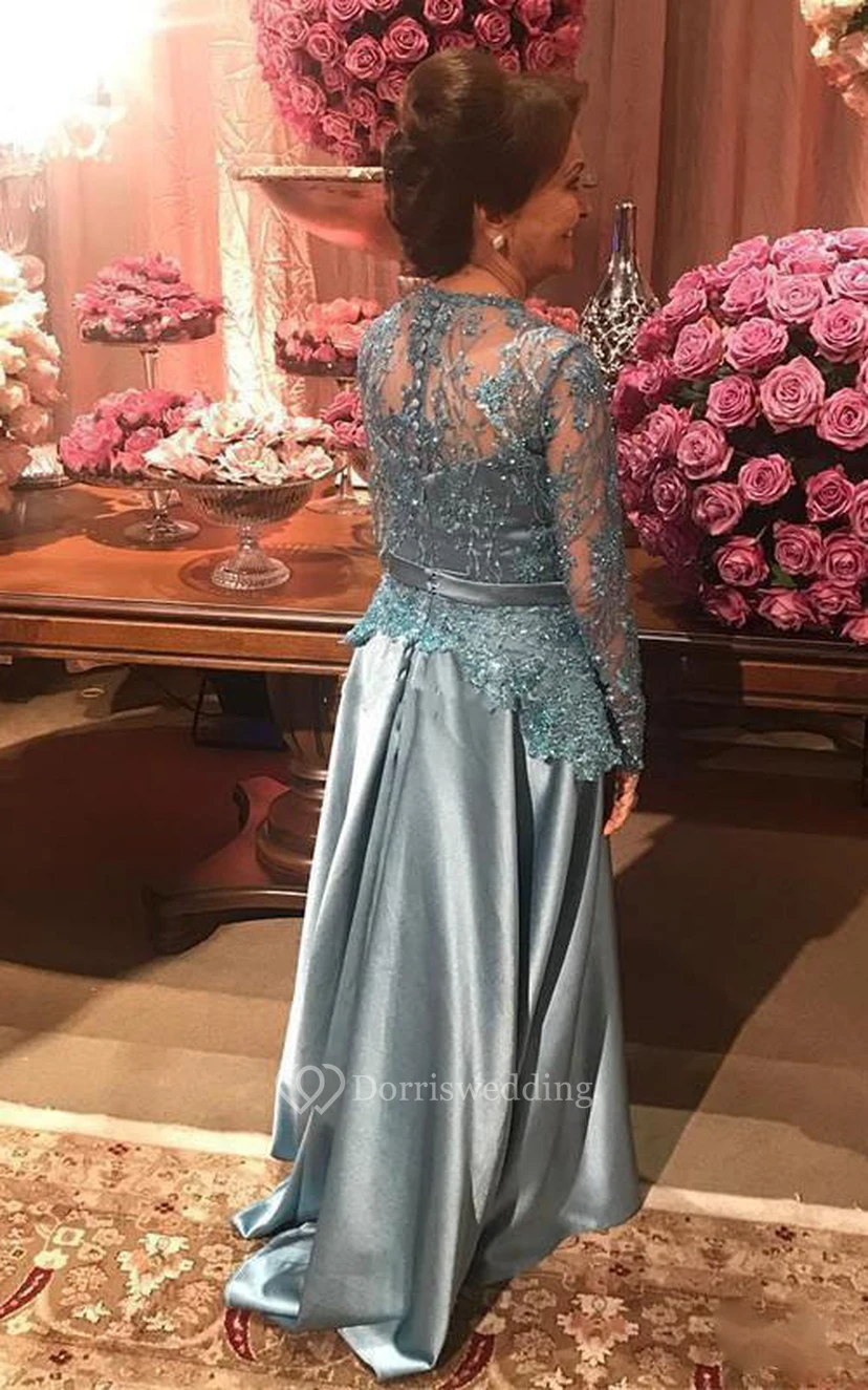 Romantic Long Sleeve Floor-length Satin A Line Mother of the Bride Dress with Appliques view 2