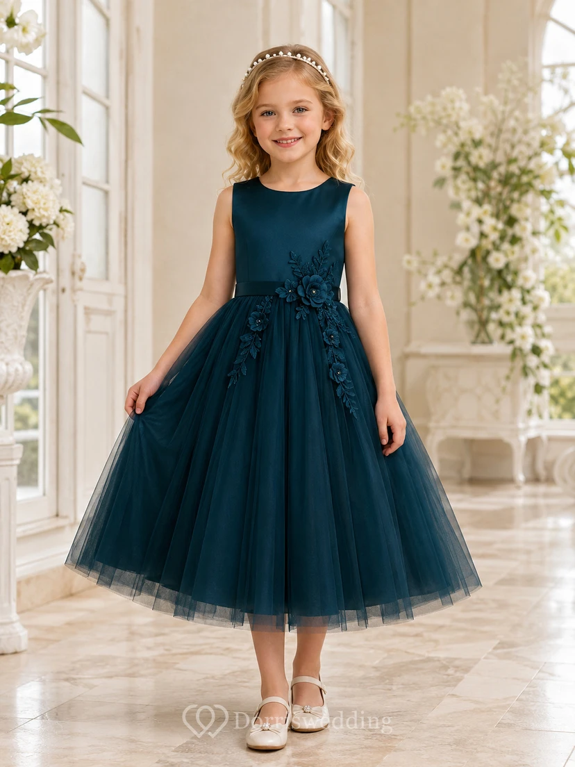 Robe de demoiselle d'honneur bleu turquoise en tulle, coupe trapèze, sans manches, avec nœud et appliques florales