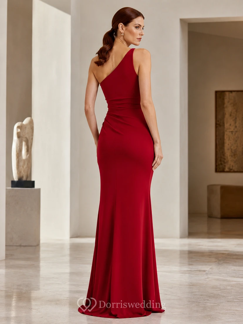 Red One Shoulder Crepe Mermaid Evening Dress view 2