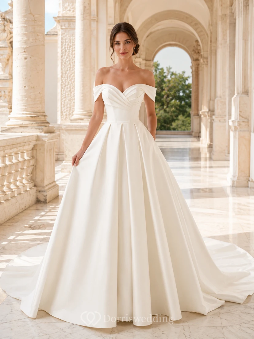 Classic Satin Off Shoulder Ball Gown Chapel Train Full Skirt Wedding Dress