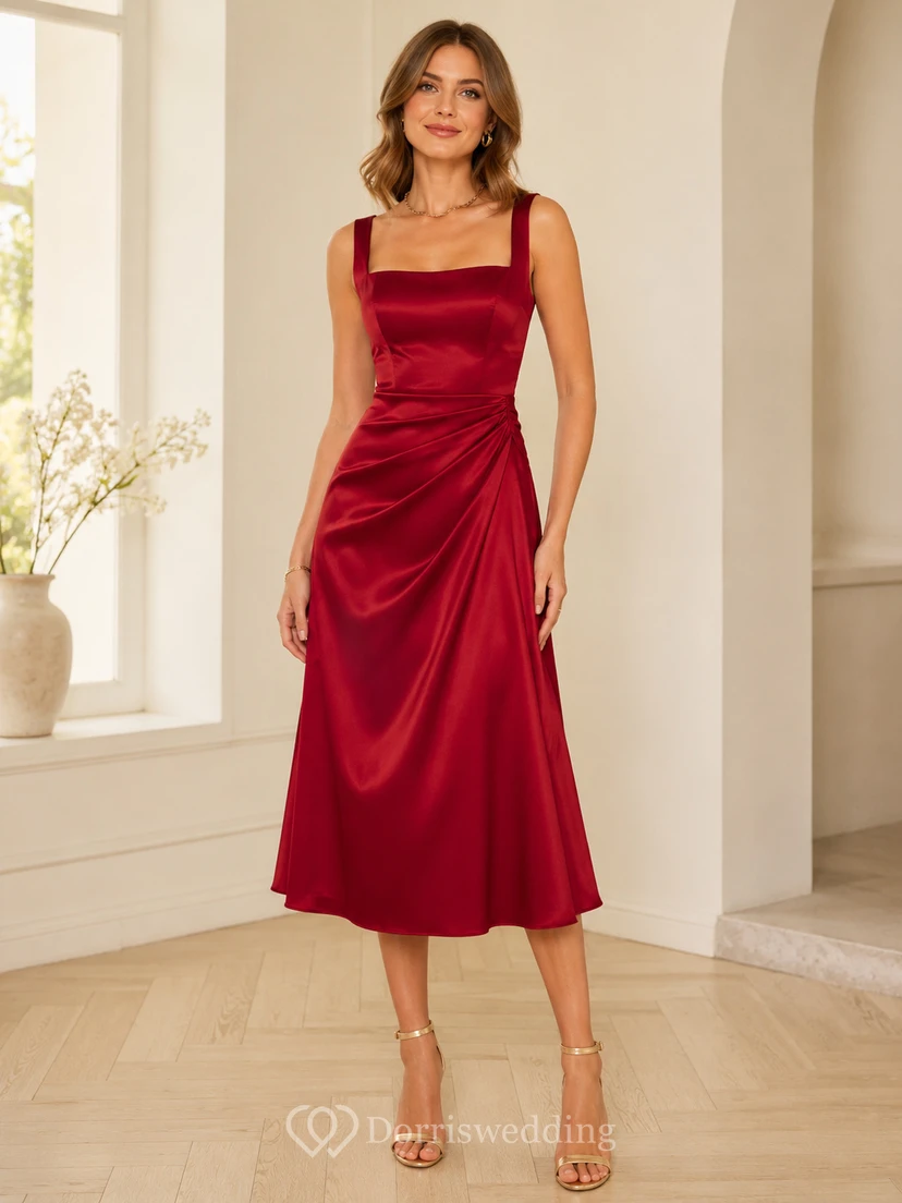 Vestido de fiesta de satén rojo con escote cuadrado y drapeado, corte en A.