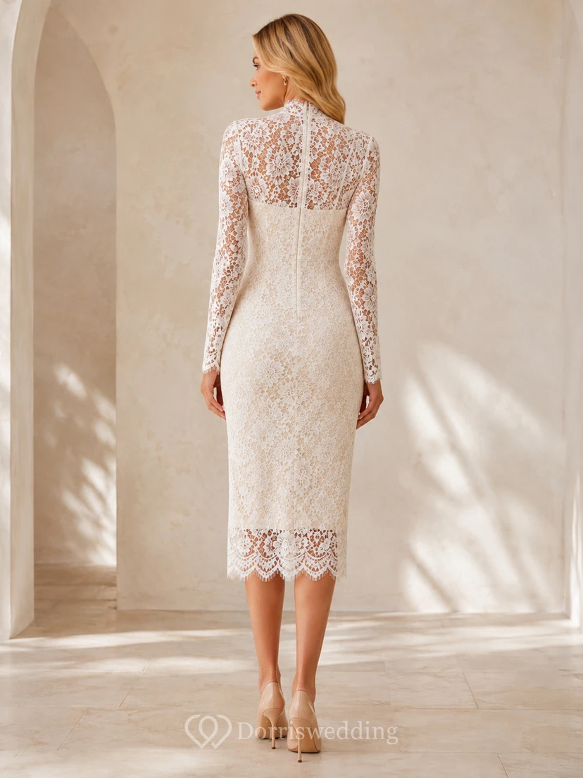 Ivory High Neck Long Illusion Sleeve Lace Sheath Dress Court view 2