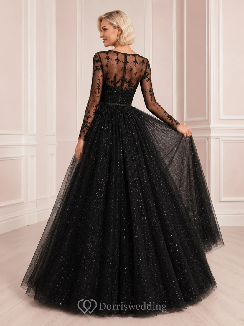 Robe de bal noire en dentelle illusion, longue jusqu'au sol, col montant, manches longues, en tulle, élégante et sobre, idéale pour une soirée de gala ou une cérémonie de célébrité. view 2