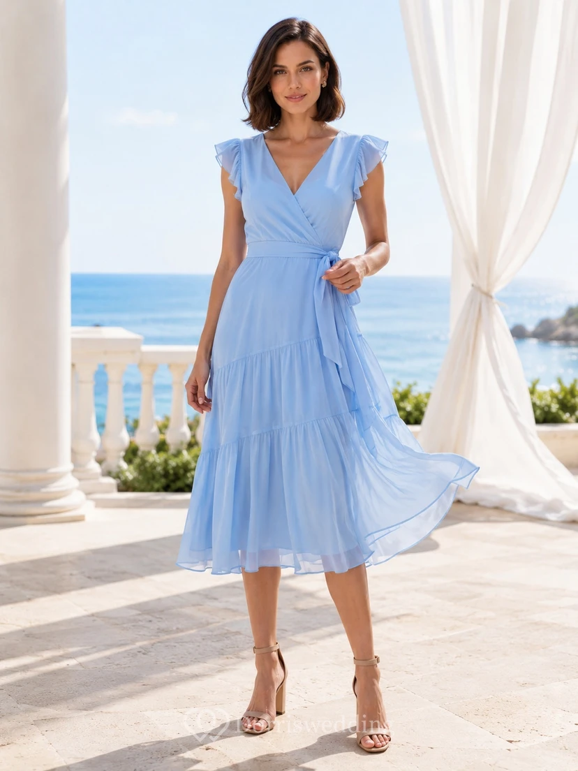 Himmelblaues Chiffon-Strandkleid mit V-Ausschnitt, kurzen Ärmeln, A-Linie, Teelänge und Stufenrock