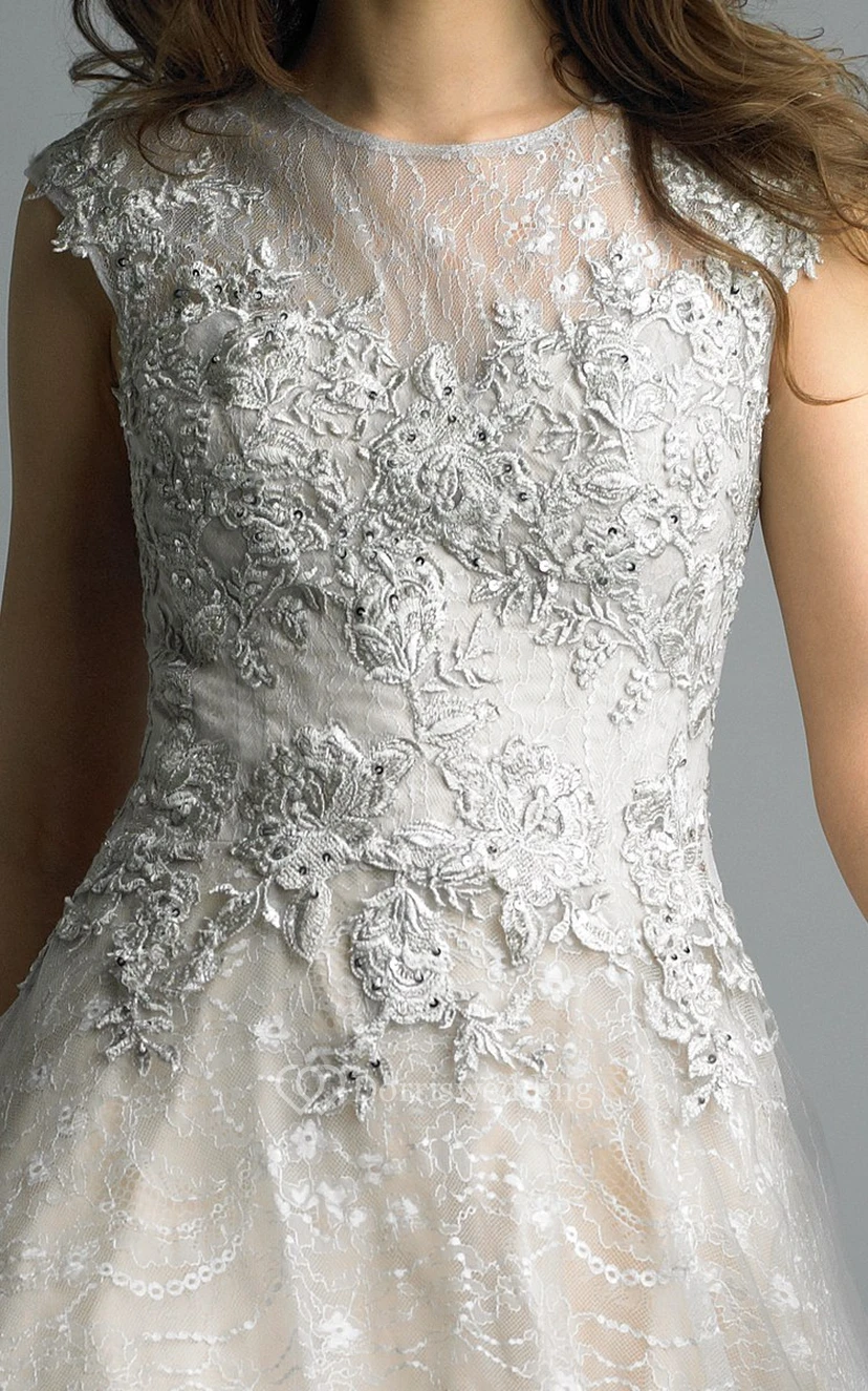 A-line Floor-length High Neck Short Sleeve Lace Illusion Dress view 10