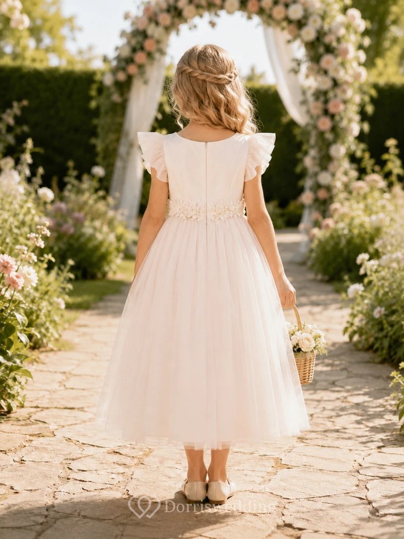 Blumenmädchenkleid aus rosafarbenem Tüll, A-Linie, Rundhalsausschnitt, Teelänge, mit Schärpendetails view 2
