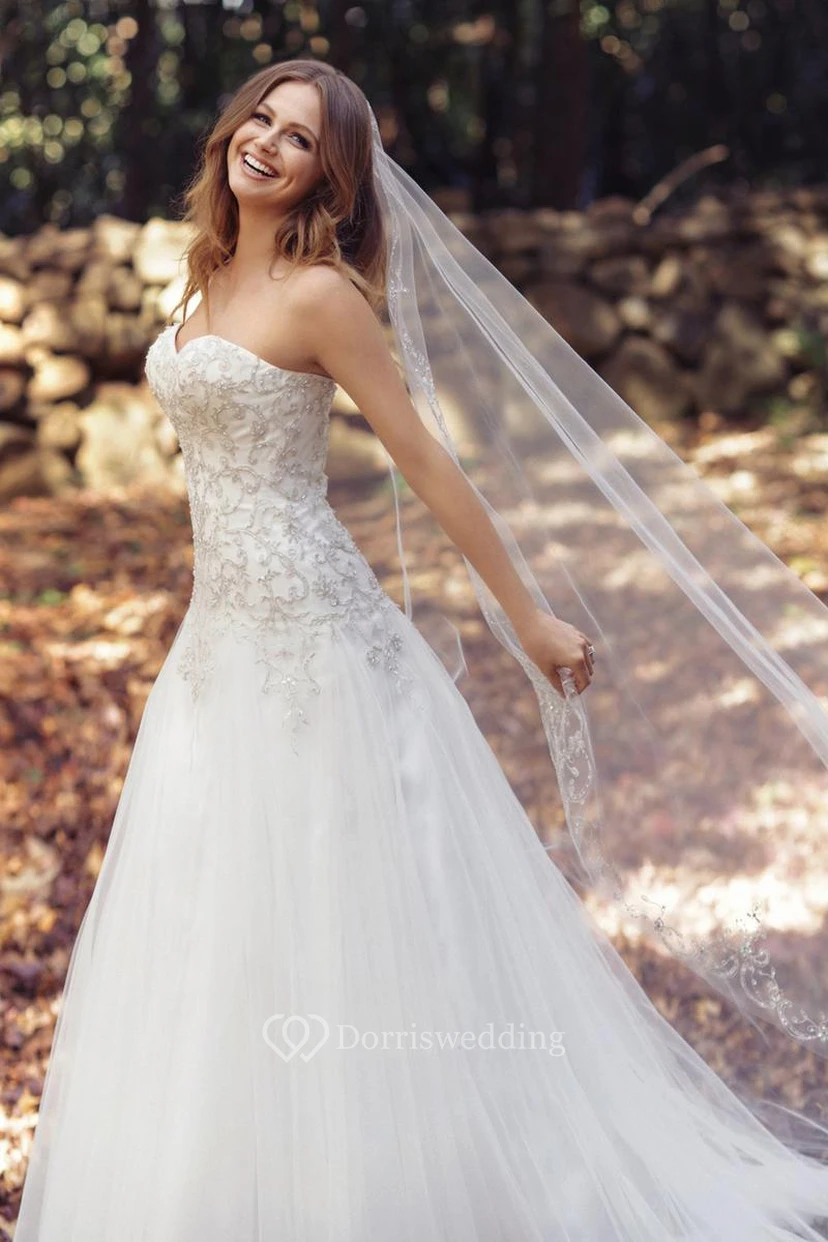 A-Line Long Sweetheart Tulle Wedding Dress With Crystal Detailing And Corset Back view 3