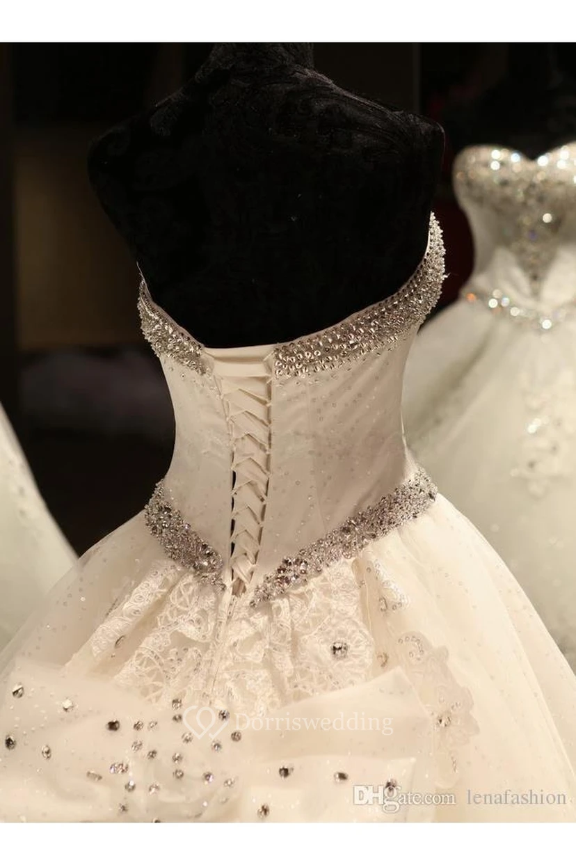 Luxurious Sweetheart Ball Gown Wedding Dress Crystal Beadings Long Train view 11