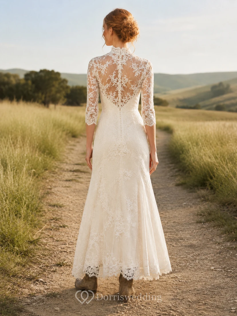 Robe de mariée de maternité, col carré, bretelles en dentelle, coupe trapèze, traîne souple view 2