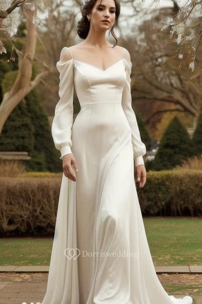 Spaghetti-Empire-Brautkleid mit langen Ärmeln, schlicht und bodenlang