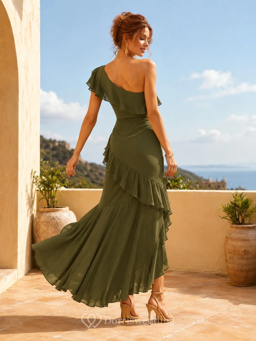 Olive Green Off-the-Shoulder Ruffled Short Sleeve Tiered Dress view 2