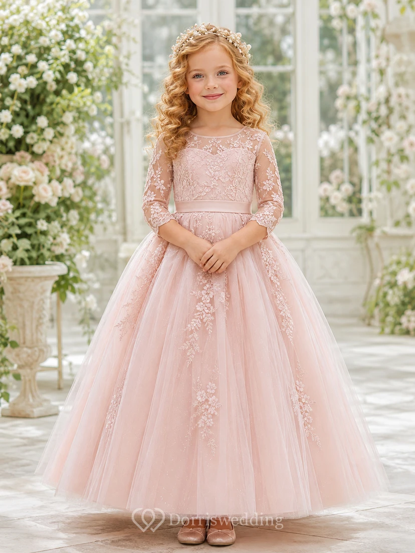 A-Line Royal Inspired Flower Girl Dress with High Neck, Long Illusion Sleeves, Floral Lace, Full Tulle Skirt, Formal Court Style