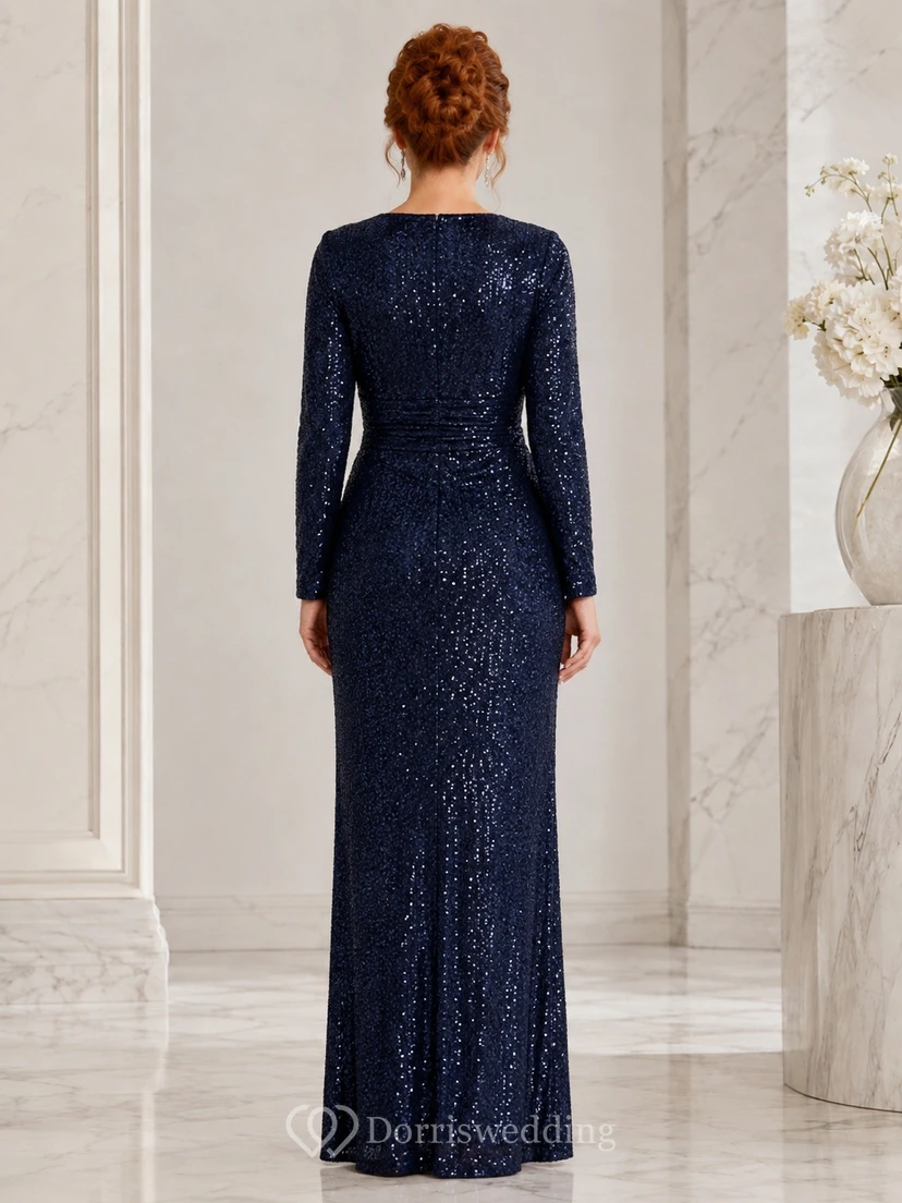Dark Navy Sequin V-Neck Long-Sleeve Sheath Floor-Length Evening Dress view 2