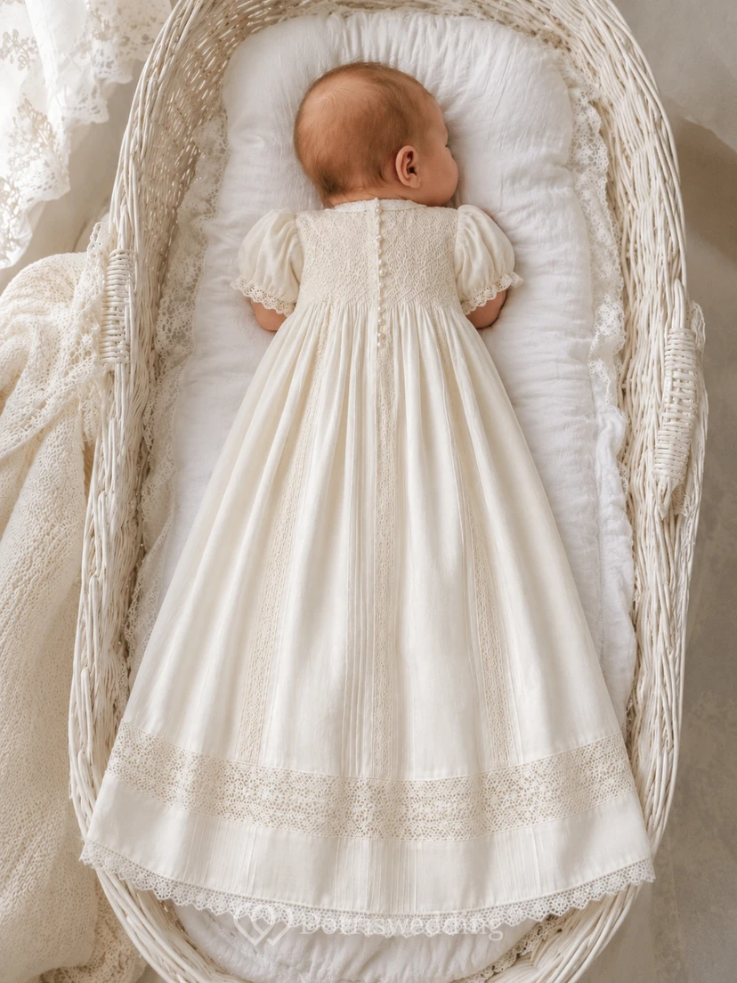 Vintage Christening Gown A-Line Cotton Lace Jewel Neck Pleated Full Skirt view 2