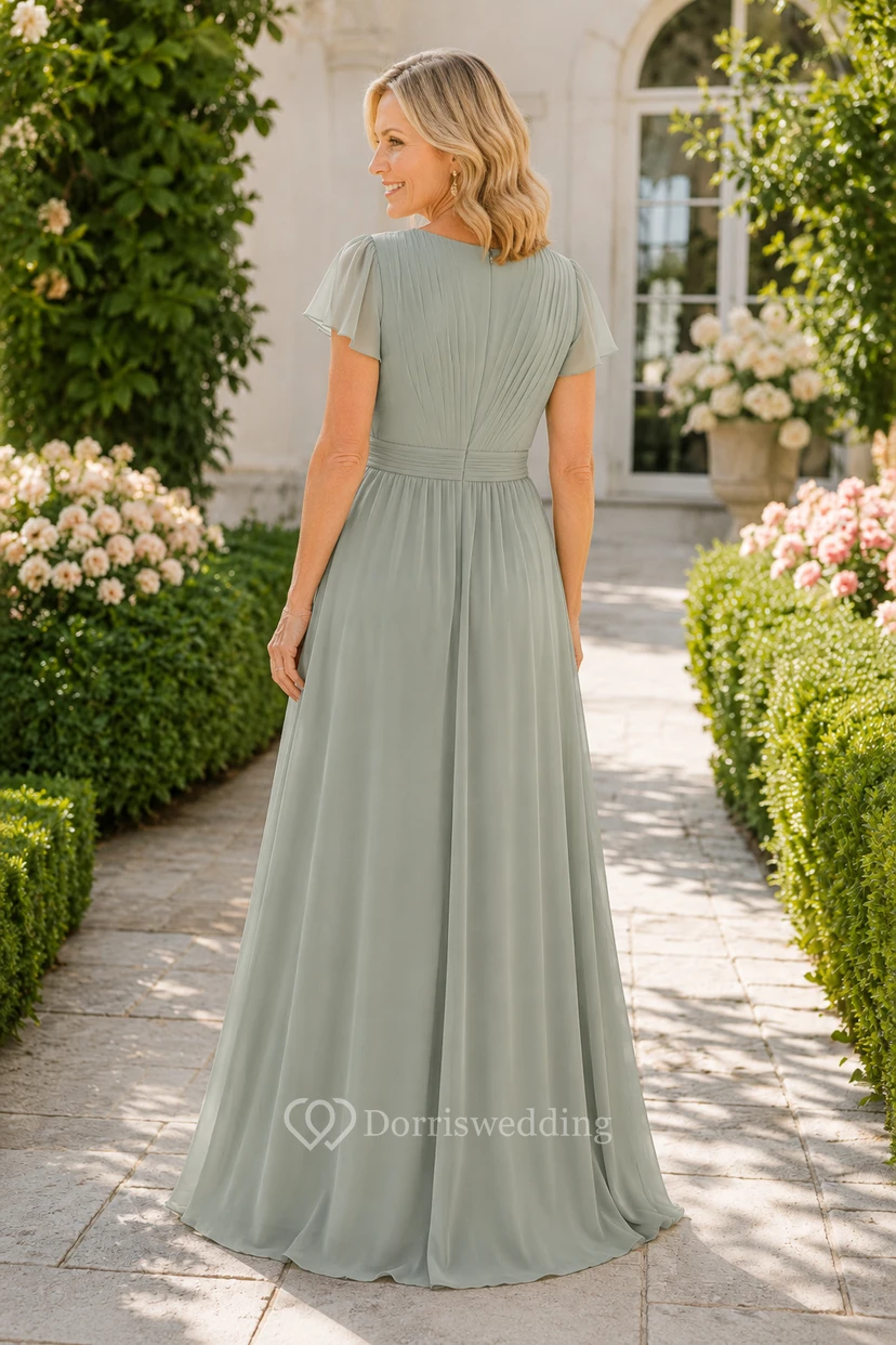 Salbeigrünes Chiffon-Kleid in A-Linie mit V-Ausschnitt und Kaskadenrüsche view 2