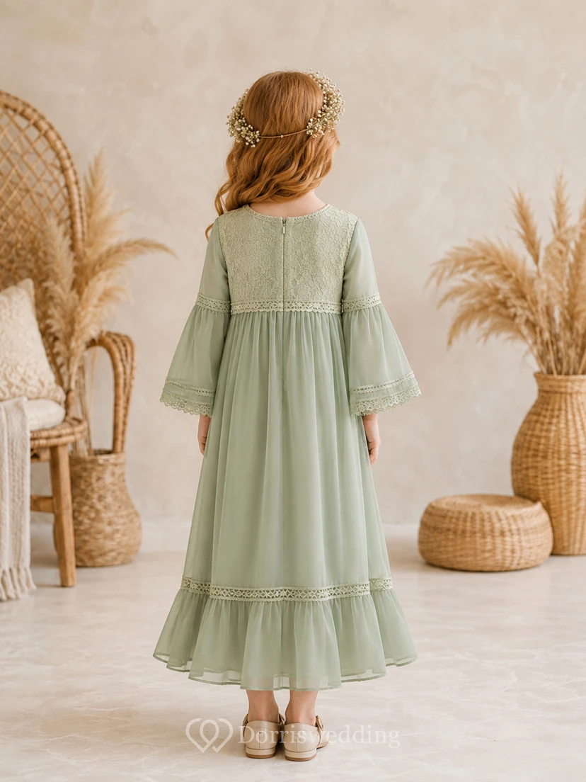 Salbeigrünes Boho-Kleid im Teelängen-A-Linien-Stil aus Chiffon mit Glockenärmeln und Spitze für Blumenmädchen view 2
