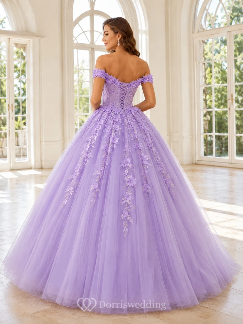 Lavender Luxury Off Shoulder Floral Applique Glitter Tulle Princess Quinceanera Ball Gown view 2