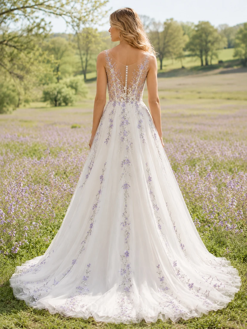 Lavendelfarbenes, besticktes A-Linien-Brautkleid mit Illusionseffekt im Frühlingsfeld-Stil view 2