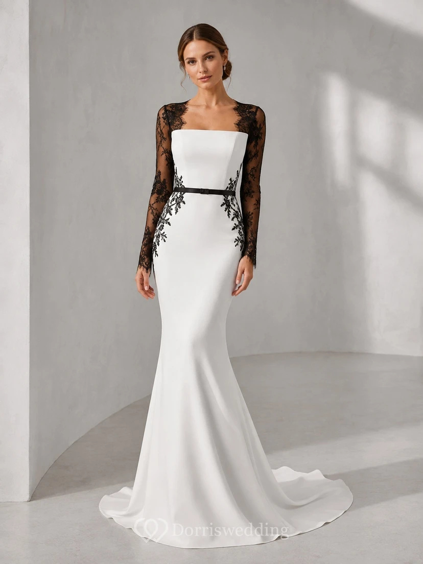 Schwarzes Brautkleid aus Spitze, langärmelig, eckigem Ausschnitt, Meerjungfrauenform und Schleppe aus Satin