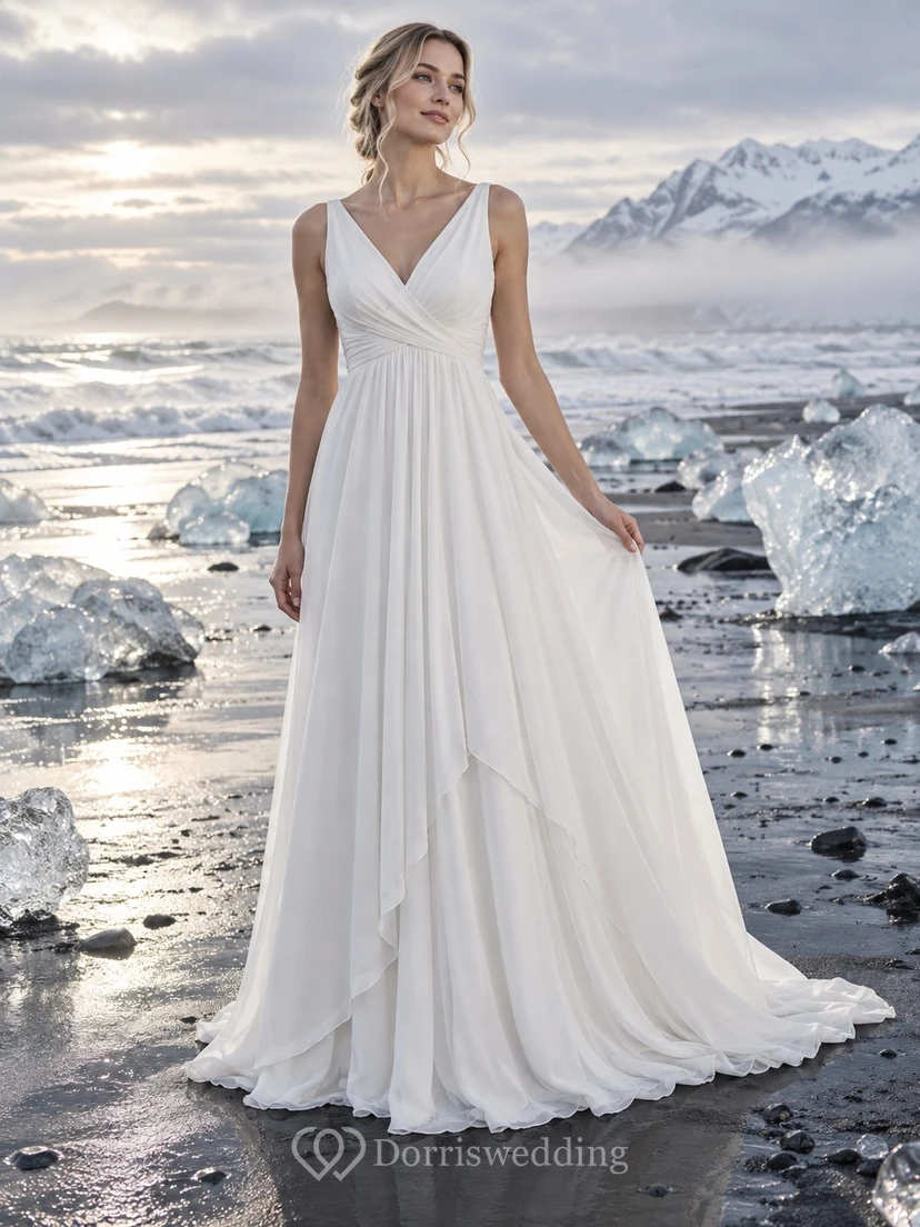 Sencillo vestido de novia de corte A sin mangas en georgette con escote en V fruncido y falda superpuesta.