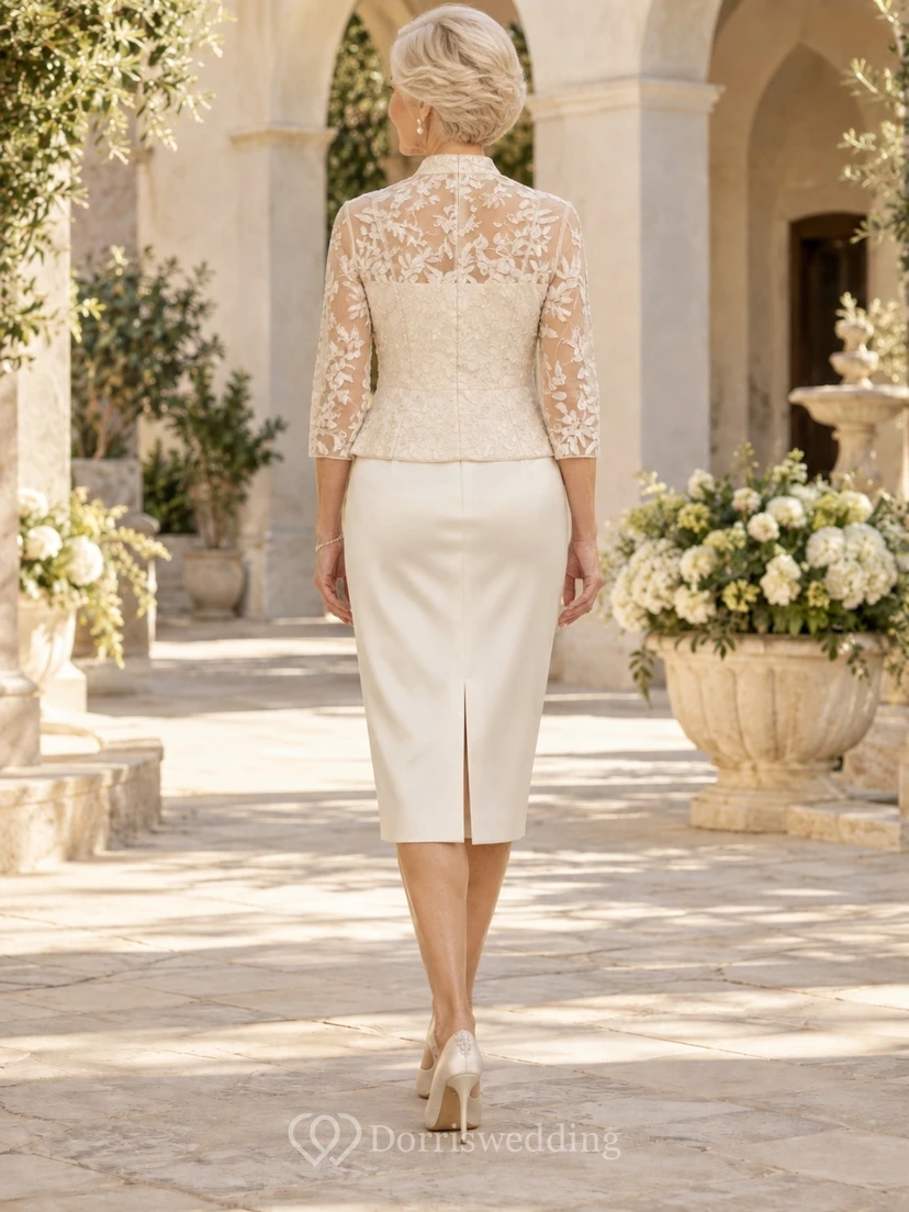 Modest Knee Length Wedding Sheath Satin Dress for Older Brides with Stand Collar Lace Jacket view 2