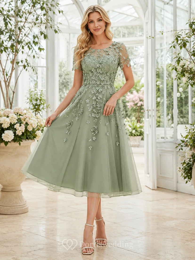 Sage Cap Sleeve Floral Applique Lace Tulle A-Line Tea-Length Dress